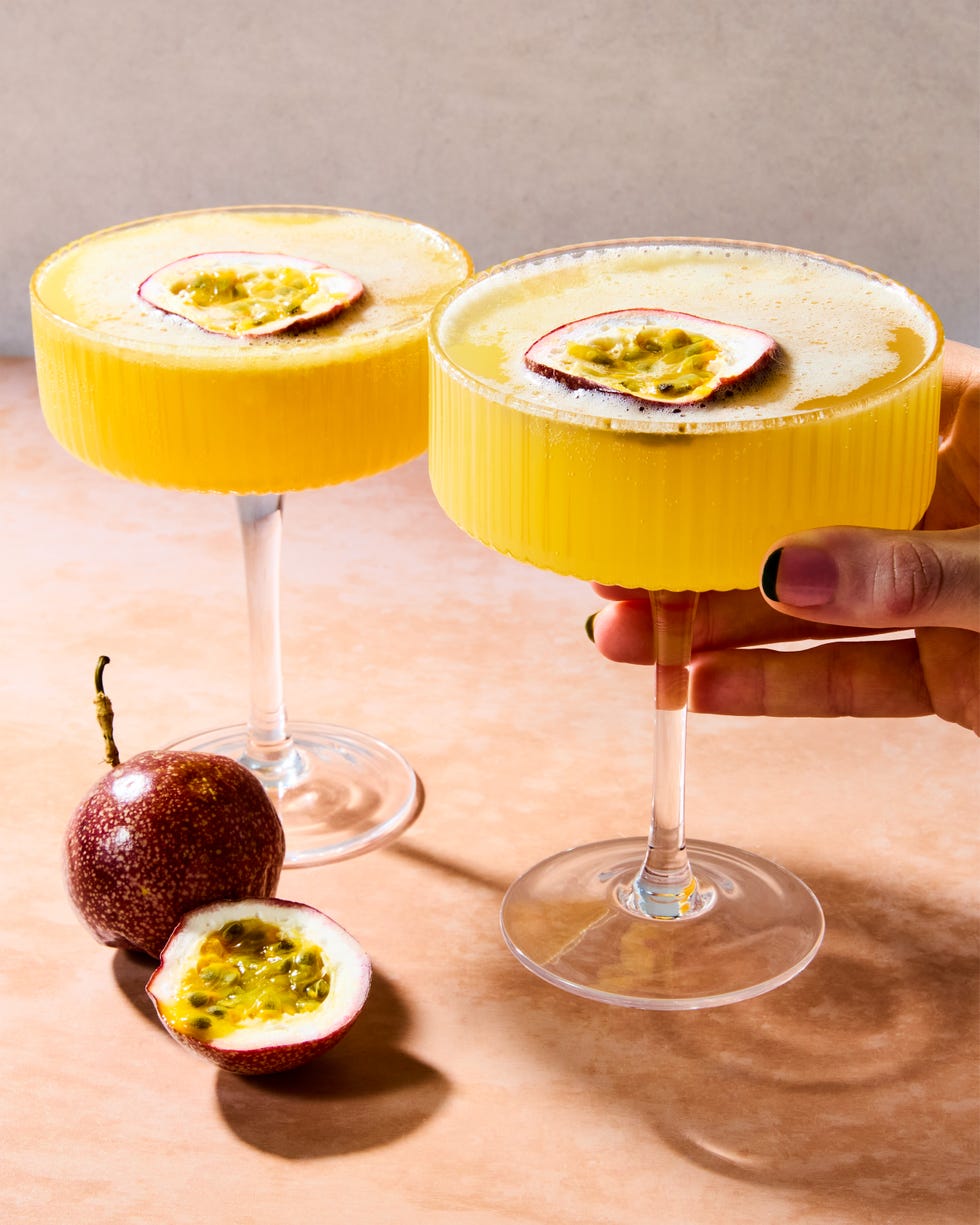 passionfruit mocktail topped with passionfruit half