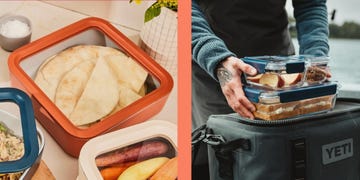 pita inside caraway food storage container, person putting yeti food containers into cooler