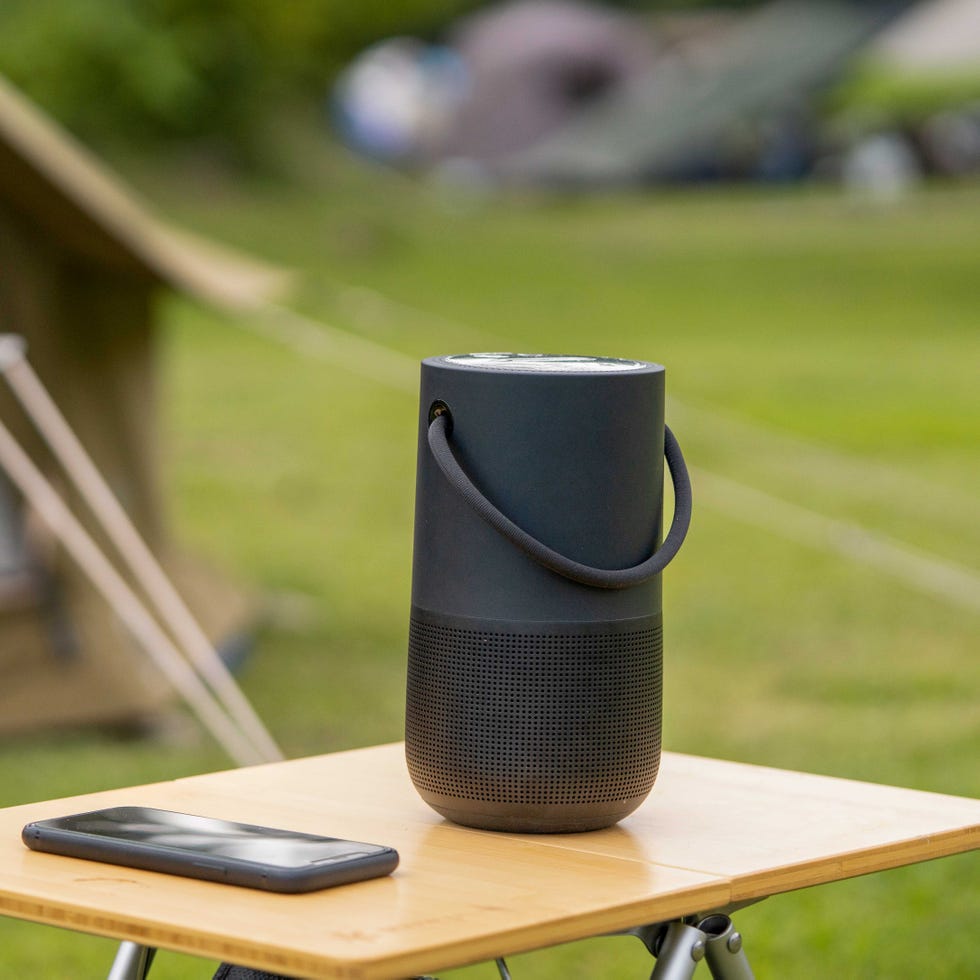 portable smart speaker on a camping table