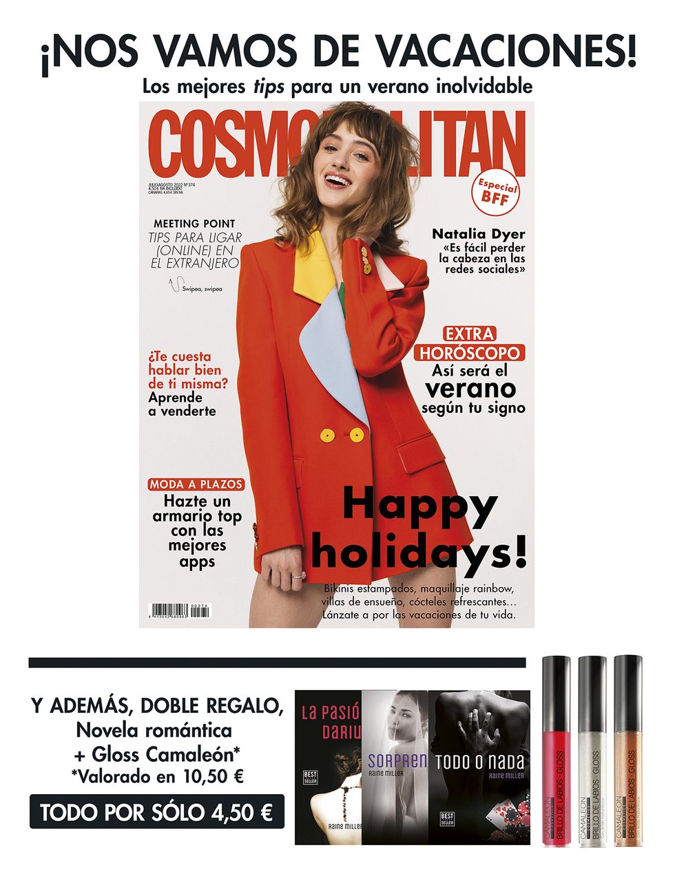 la edición de cosmopolitan de julio y agosto tiene en portada a natalia dyer y trae un doble regalo