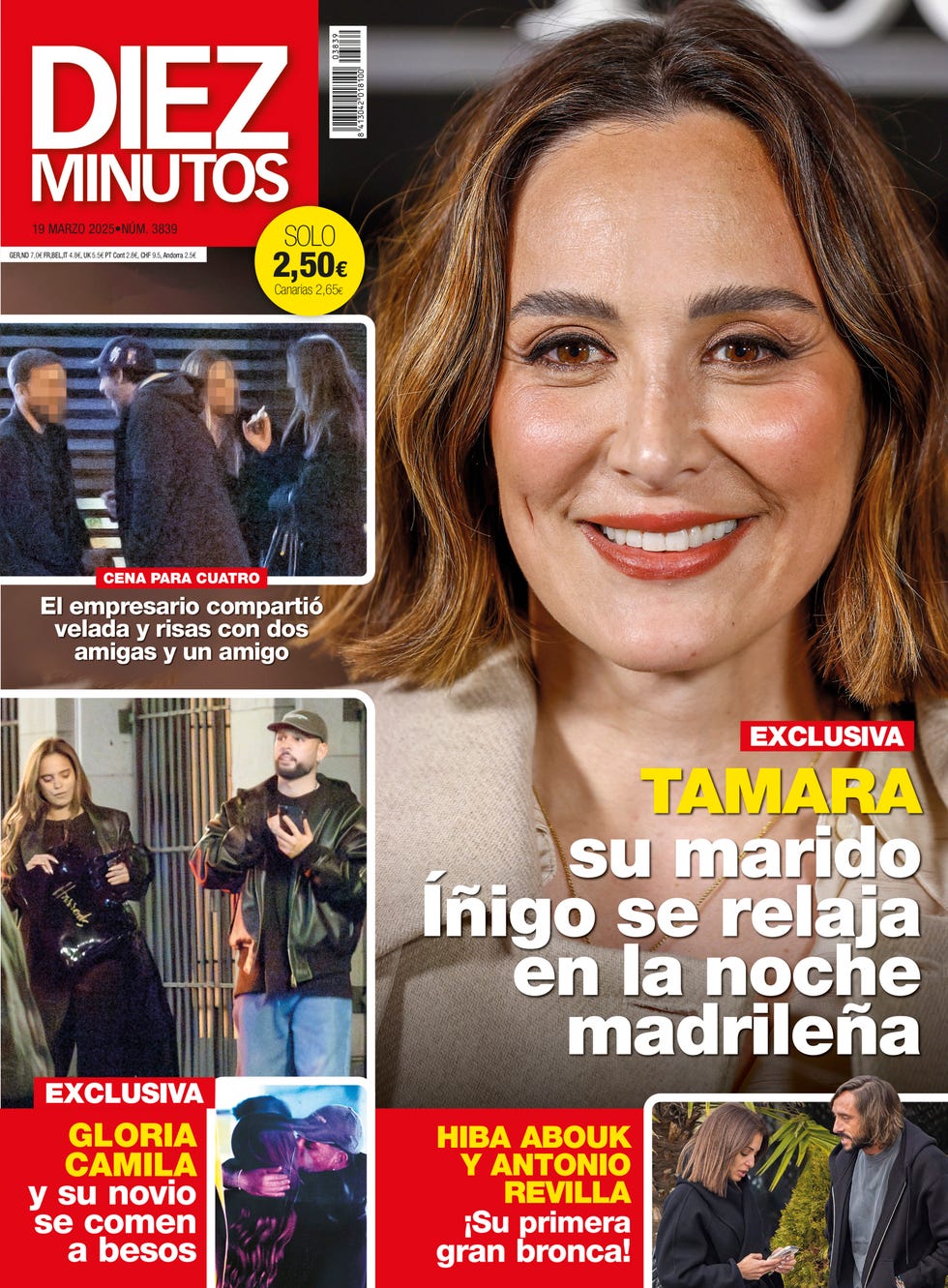 portada del numero 3839 de la revista diez minutos con tamara falco, gloria camila hiba abouk y anotnio revilla