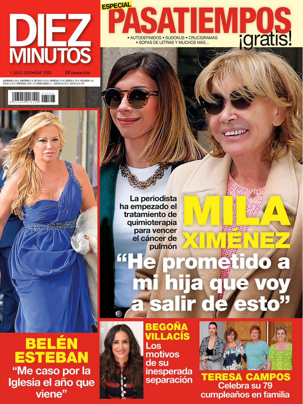 portada diez minutos 3593, con mila ximénez como protagonista la colaboradora de 'sálvame' ha anunciado que padece cáncer de pulmón además, te contamos que belén esteban se casa por la iglesia en 2021 y los motivos de la inesperada separación de begoña villacís