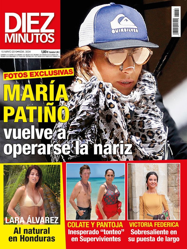 Esta semana en Diez Minutos te traemos en exclusivas las imágenes de María Patiño tras su nueva operación de nariz. Además, no te pierdas a la presentadora Lara Álvarez al natural en Honduras, el tonteo de Colate y Pantoja en 'Supervivientes', el estilo de Victoria Federica en Sevilla y ¡muchas noticias más!
