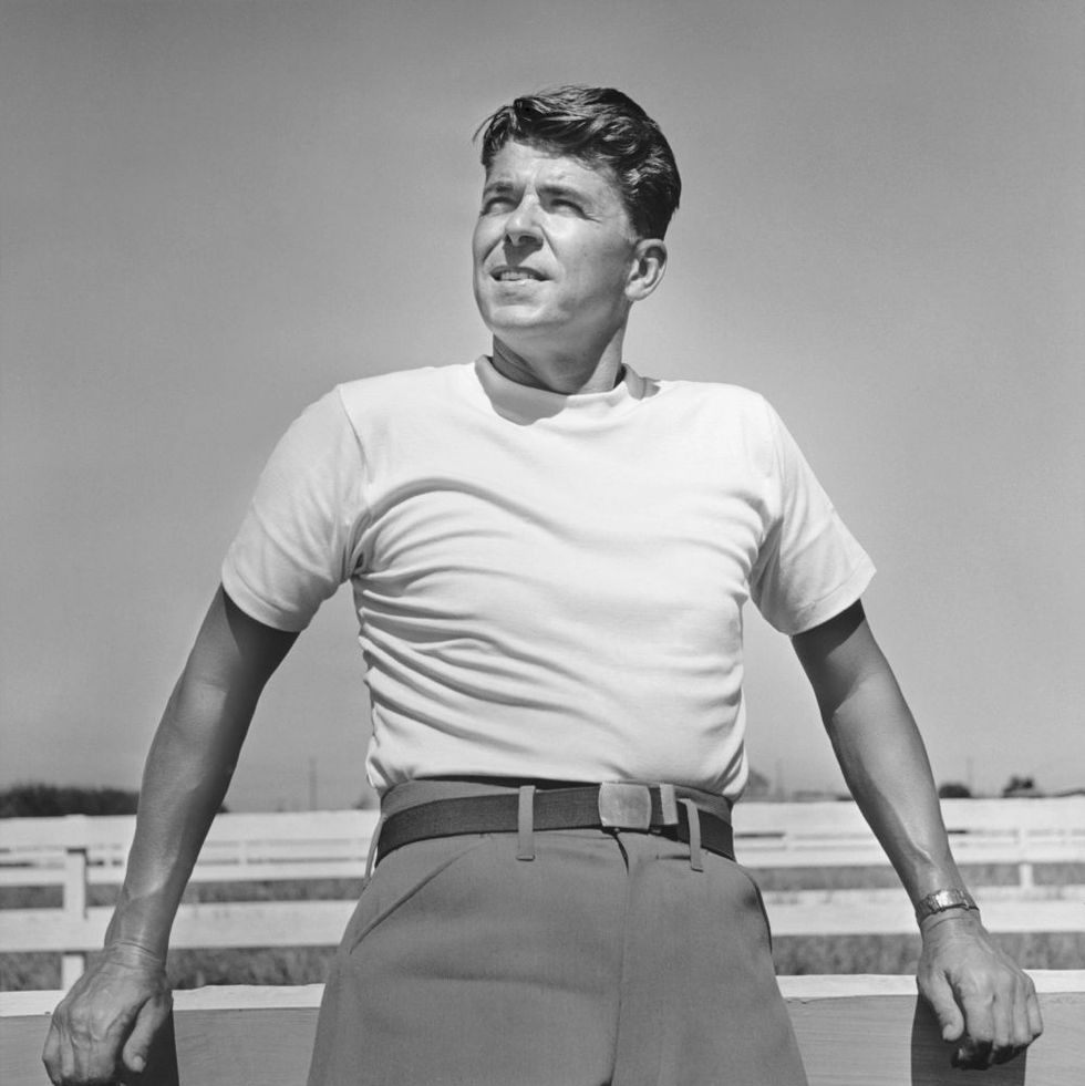 portrait of american actor and future president, ronald reagan, leaning on a fence at his yearling row ranch in northridge, ca, 1945. (photo by km archive/getty images)