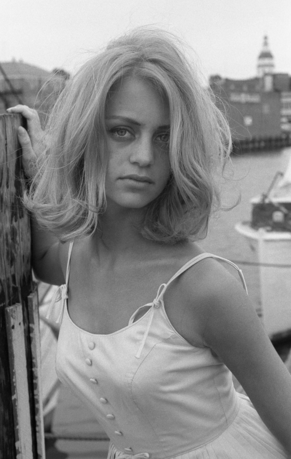 portrait of goldie hawn on a dock