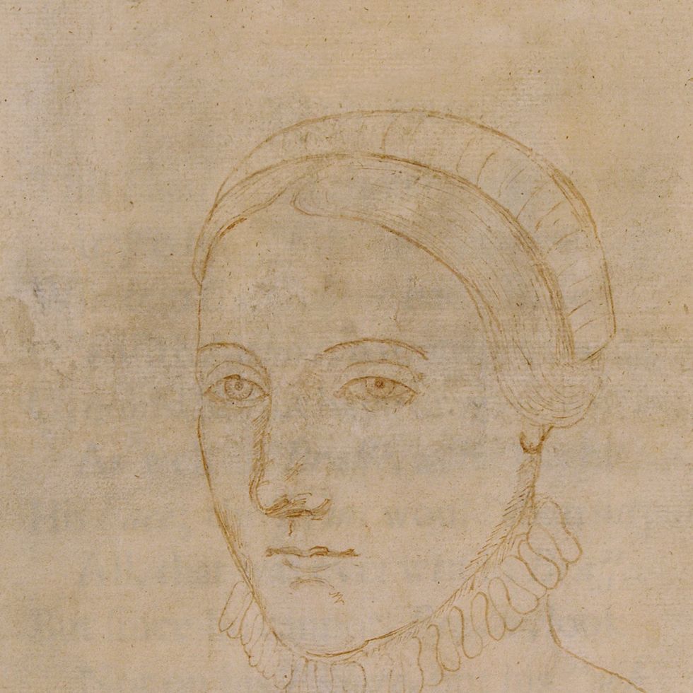 portrait of anne hathaway in pencil from the shoulders up, she is drawn wearing a high necked outfit and a headdress