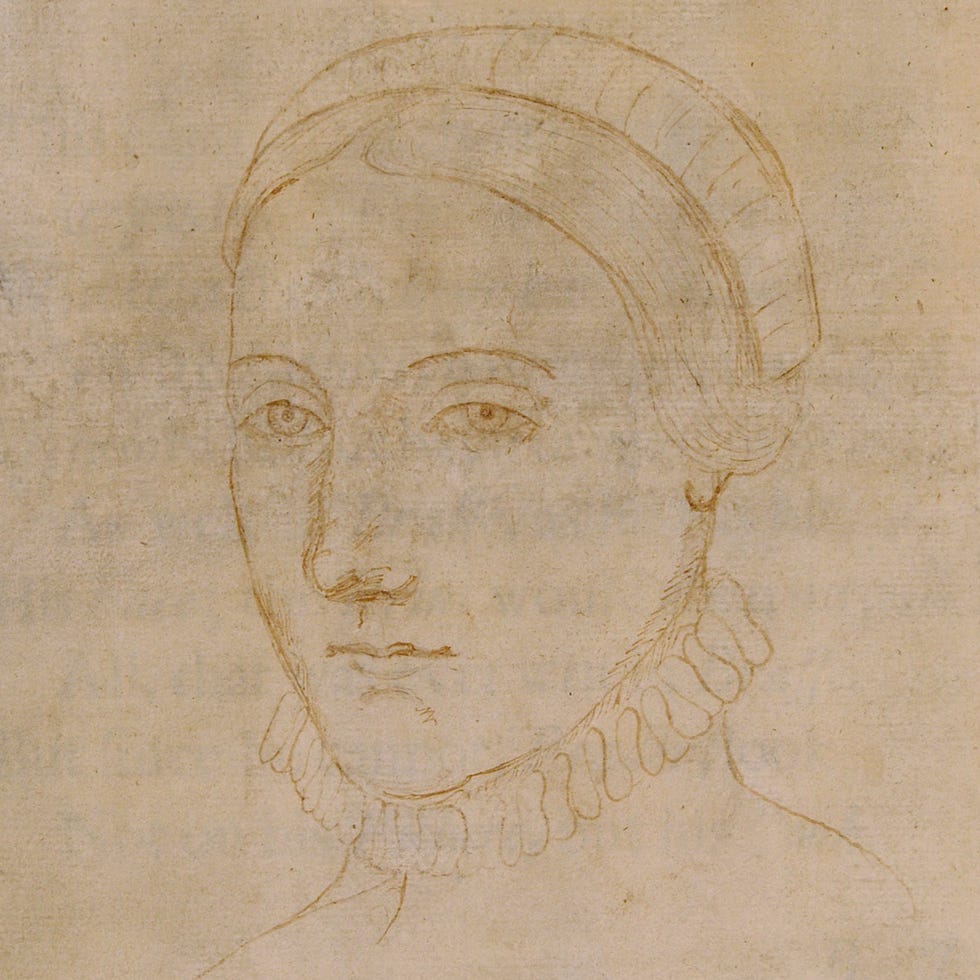 portrait of anne hathaway in pencil from the shoulders up, she is drawn wearing a high necked outfit and a headdress