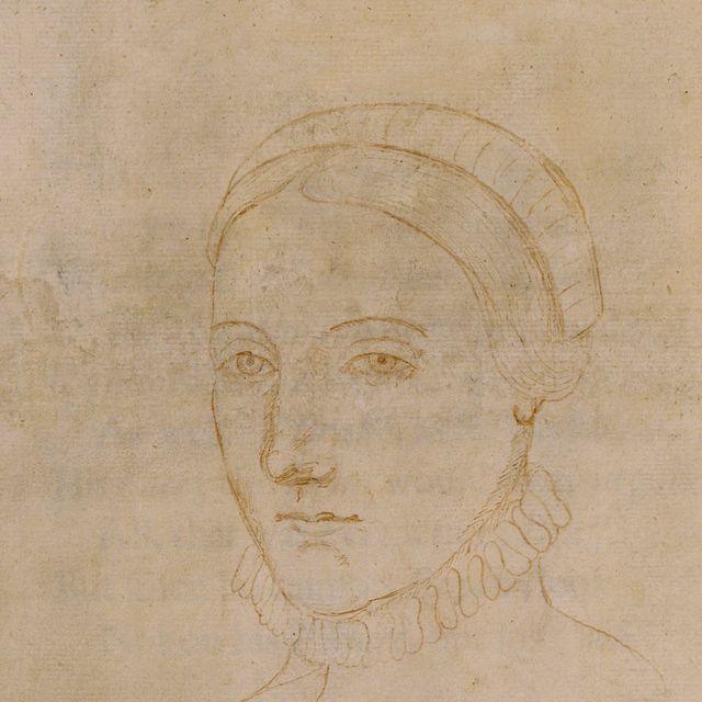drawing of a woman wearing a high collared dress with a ruffle trim and a headband