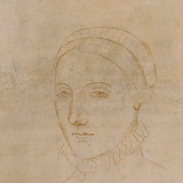 drawing of a woman wearing a high collared dress with a ruffle trim and a headband