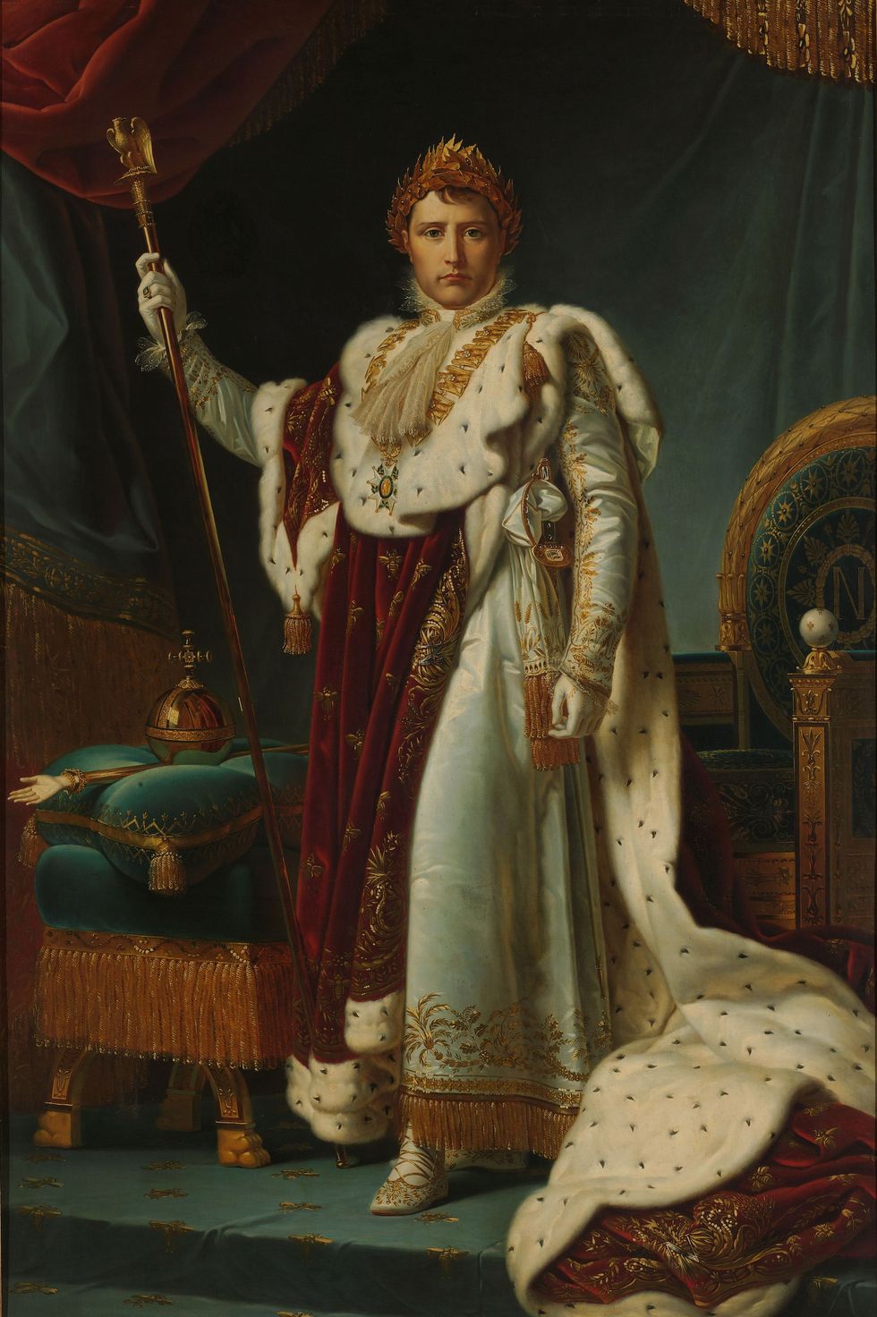 portrait of napoleon bonaparte as emperor napoleon i, he stands next to a throne while wearing a long red and white cape, a regal outfit, and a golden crown, he holds a long golden staff
