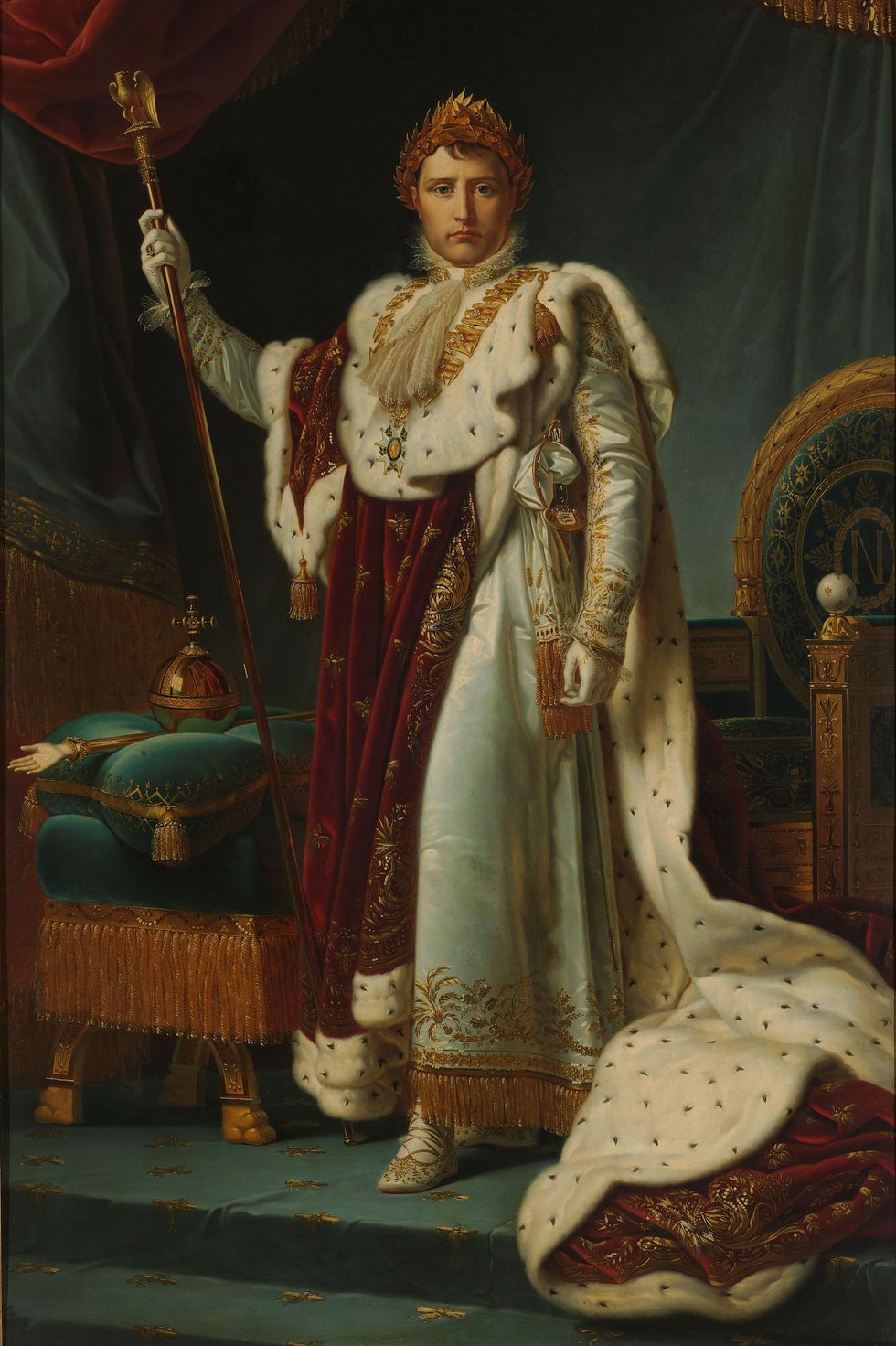portrait of napoleon bonaparte as emperor napoleon i, he stands next to a throne while wearing a long red and white cape, a regal outfit, and a golden crown, he holds a long golden staff