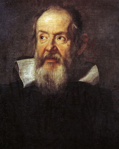 Una pintura que muestra a Galileo Galilei mirando hacia la derecha.