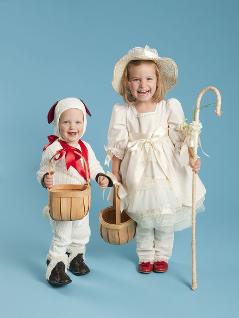 portrait of girl 2 3 as little bo peep with boy 12 17 months as lamb for halloween