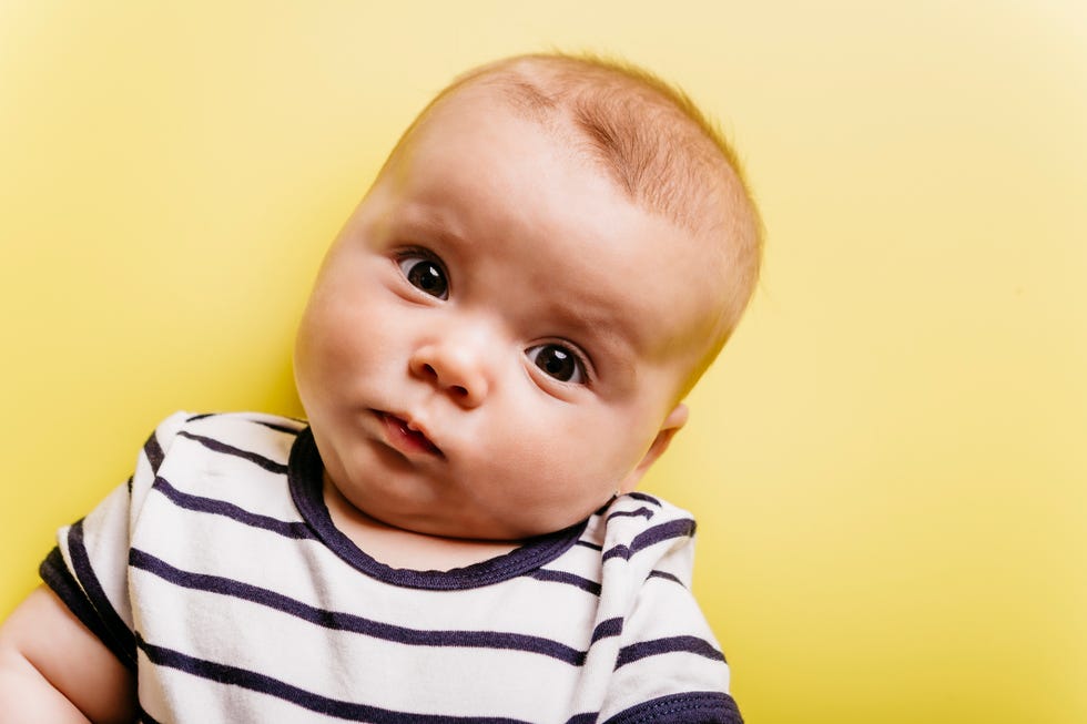 Portrait of sceptical baby girl in front of yellow background