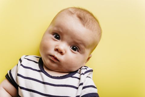 Portrait of sceptical baby girl in front of yellow background