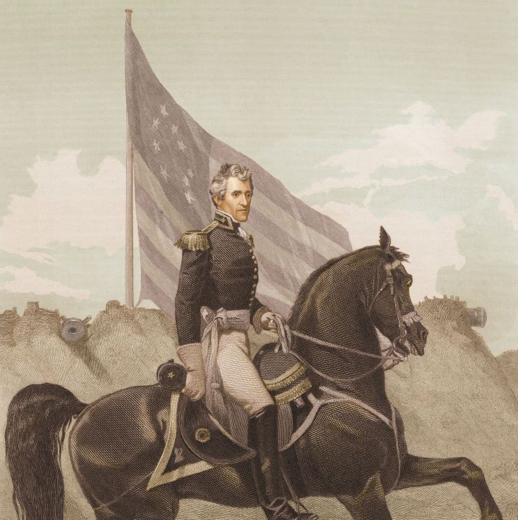 portrait of andrew jackson riding horse with an american flag in the background
