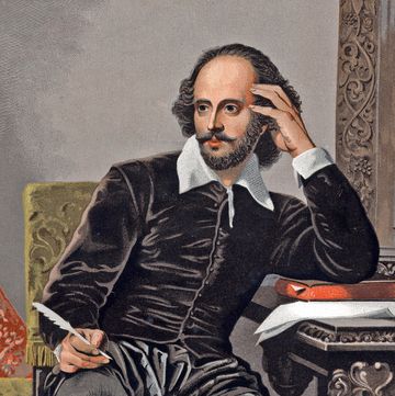 painting showing william shakespeare sitting at a desk with his head resting on his left hand and holding a quill pen