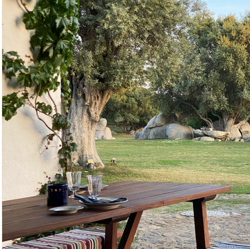 sun loungers with parasols, horses, pool, rolling hills