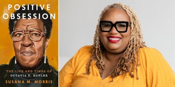 split portrait: susana m. morris in yellow next to the cover of positive obsession, featuring octavia butler in red lipstick and large eyeglasses.