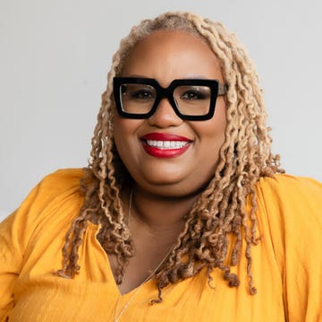 split portrait: susana m. morris in yellow next to the cover of positive obsession, featuring octavia butler in red lipstick and large eyeglasses. split portrait: susana m. morris in yellow next to the cover of positive obsession, featuring octavia butler in red lipstick and large eyeglasses.