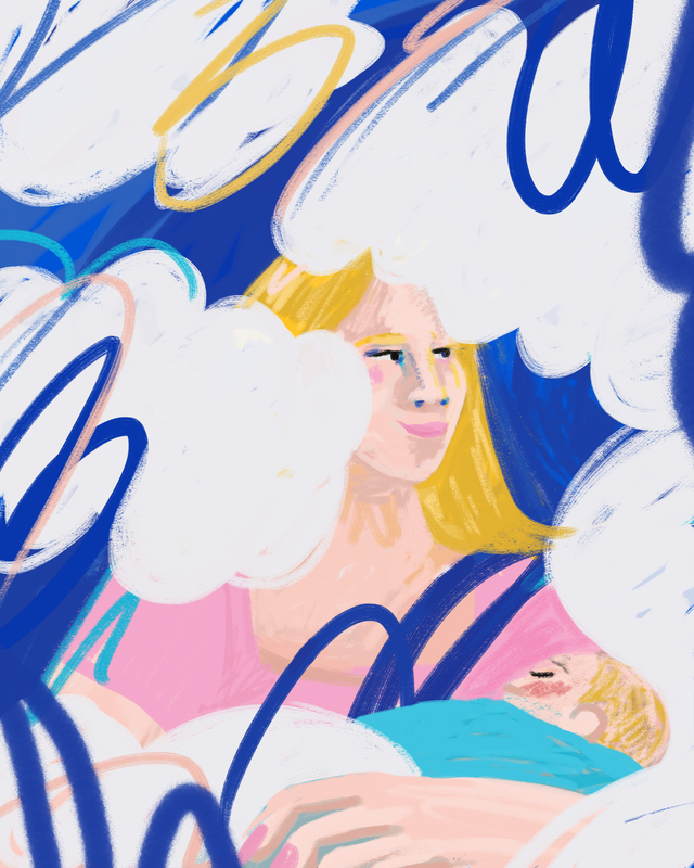 a person with a yellow and blue headdress