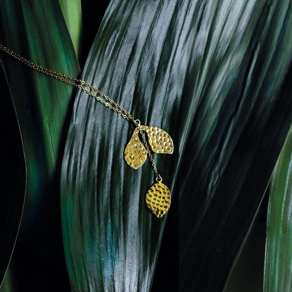 Green, Leaf, Pendant, Yellow, Fashion accessory, Jewellery, Necklace, Plant, Insect, Moths and butterflies, 