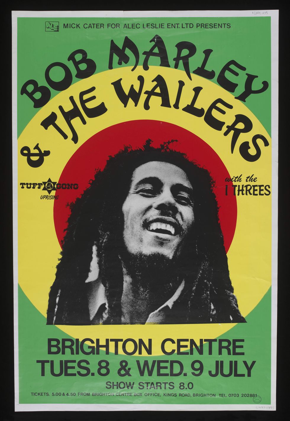 posterposter advertising the music group bob marley and the wailers at brighton centre, brighton, 19751975