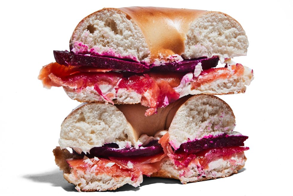 bagel with salmon, pickled beets and cream cheese