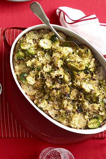 vegetarian christmas dinner — potato and brussels sprouts gratin