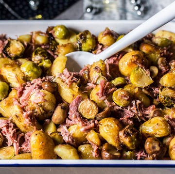 Potato, Brussel Sprout and Shredded Ham Tray Bake with Chestnuts - recipe by Seasonal Spuds