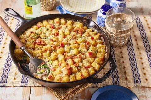 potato casseroles cowboy casserole in skillet with tater tots