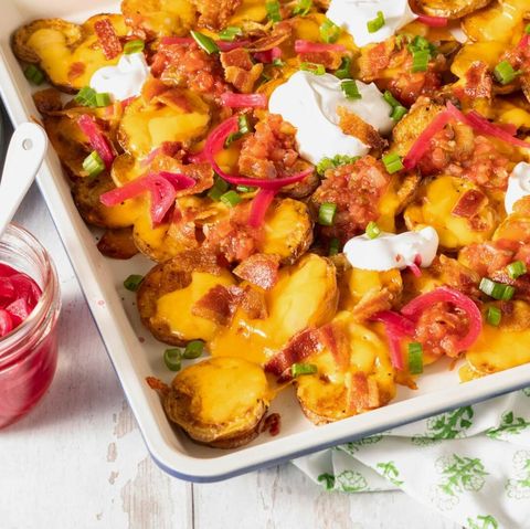 irish nachos with sour cream and pickled onions