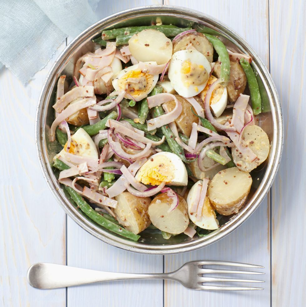potato salad with ham, egg, green beans and a mustard vinaigrette