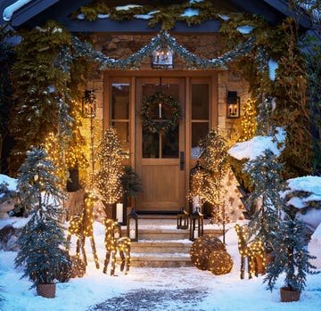 front door and steps decked out with lighted deer, balls, trees, candles, and garlands