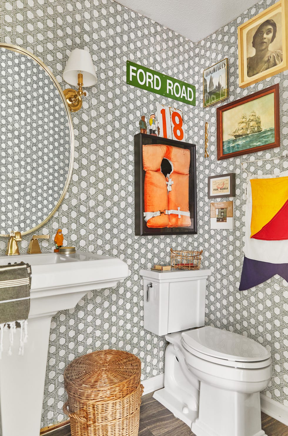 powder room with gallery wall