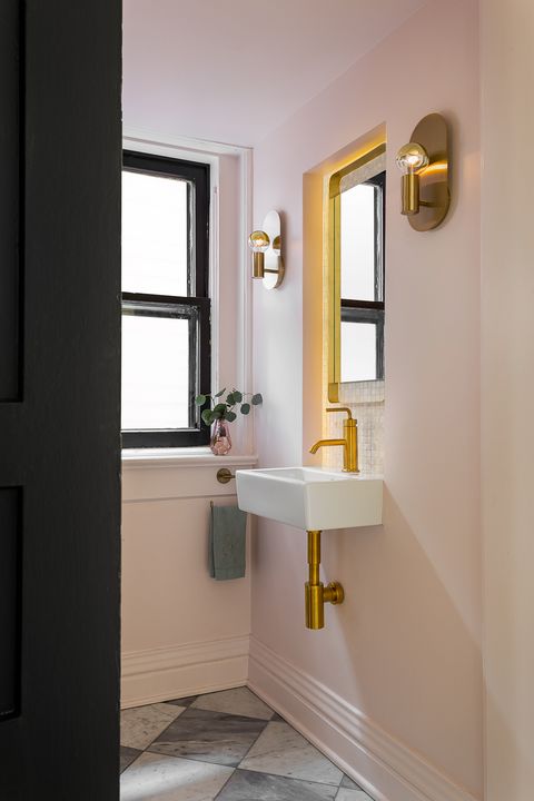 bathroom remodel ideas, pale pink powder room with gold fixtures
