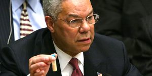 new york   february 5  us secretary of state colin powell holds a vial representing the small amount  of anthrax that closed the us senate last year during his address to the un security council february 5, 2003 in new york city powell is making a presentation attempting to convince the world that iraq is deliberately hiding weapons of mass destruction  photo by mario tamagetty images