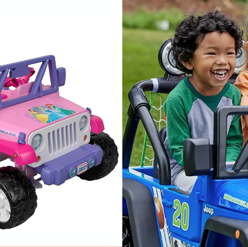 a couple of kids in a toy car