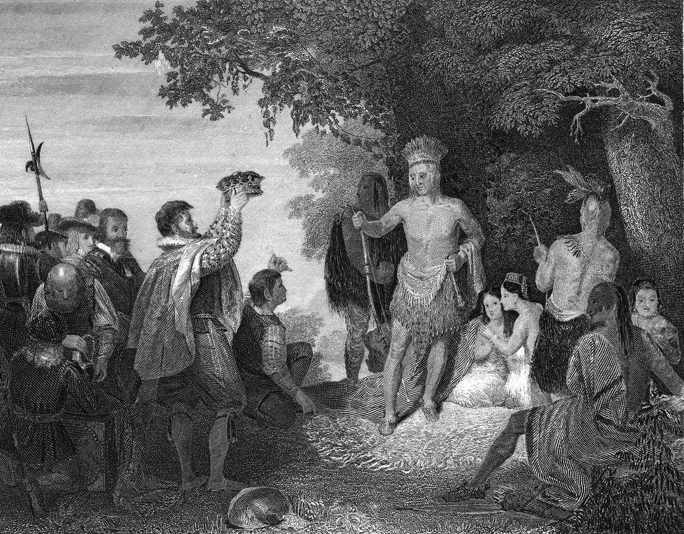 Christopher Newport offering a crown and other gifts to Chief Powhatan