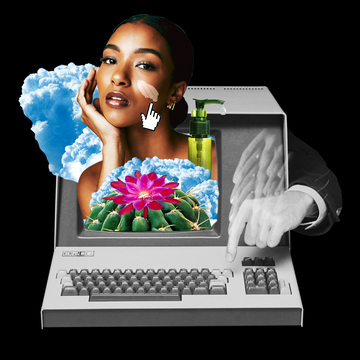 woman clouds and cactus coming out of computer woman clouds and cactus coming out of computer
