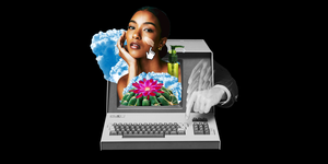 woman clouds and cactus coming out of computer