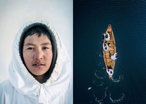 Inupiat Yugu Alfred Ningeok is zoon van een walvisvaartkapitein en jaagt nu zelf op walvissen Rechts Een oemiak vervoert een kleine groep walvisjagers