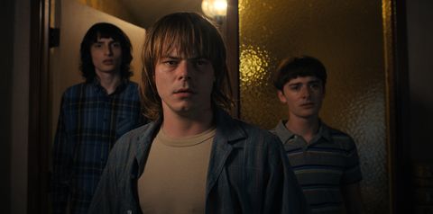 stranger things l to r finn wolfhard as mike wheeler, charlie heaton as jonathan byers and noah schnapp as will byers in stranger things cr courtesy of netflix © 2022