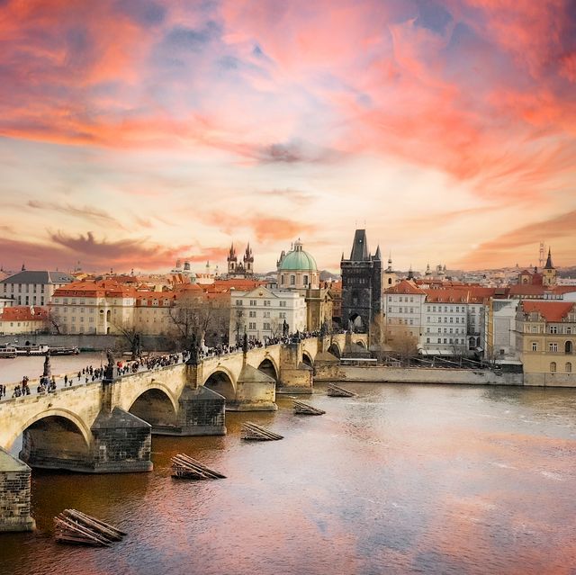 prague sunset, capital city of the czech republic, is bisected by the vltava river europe eu