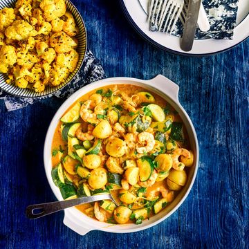 prawn and courgette curry with roasted cauliflower