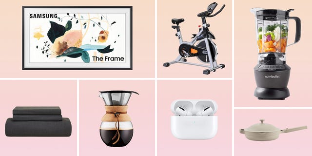 frame tv, workout bike, blender, our place pan, airpods, bodum coffee maker, flannel sheets