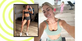 two women in workout attire taking selfies in a home gym