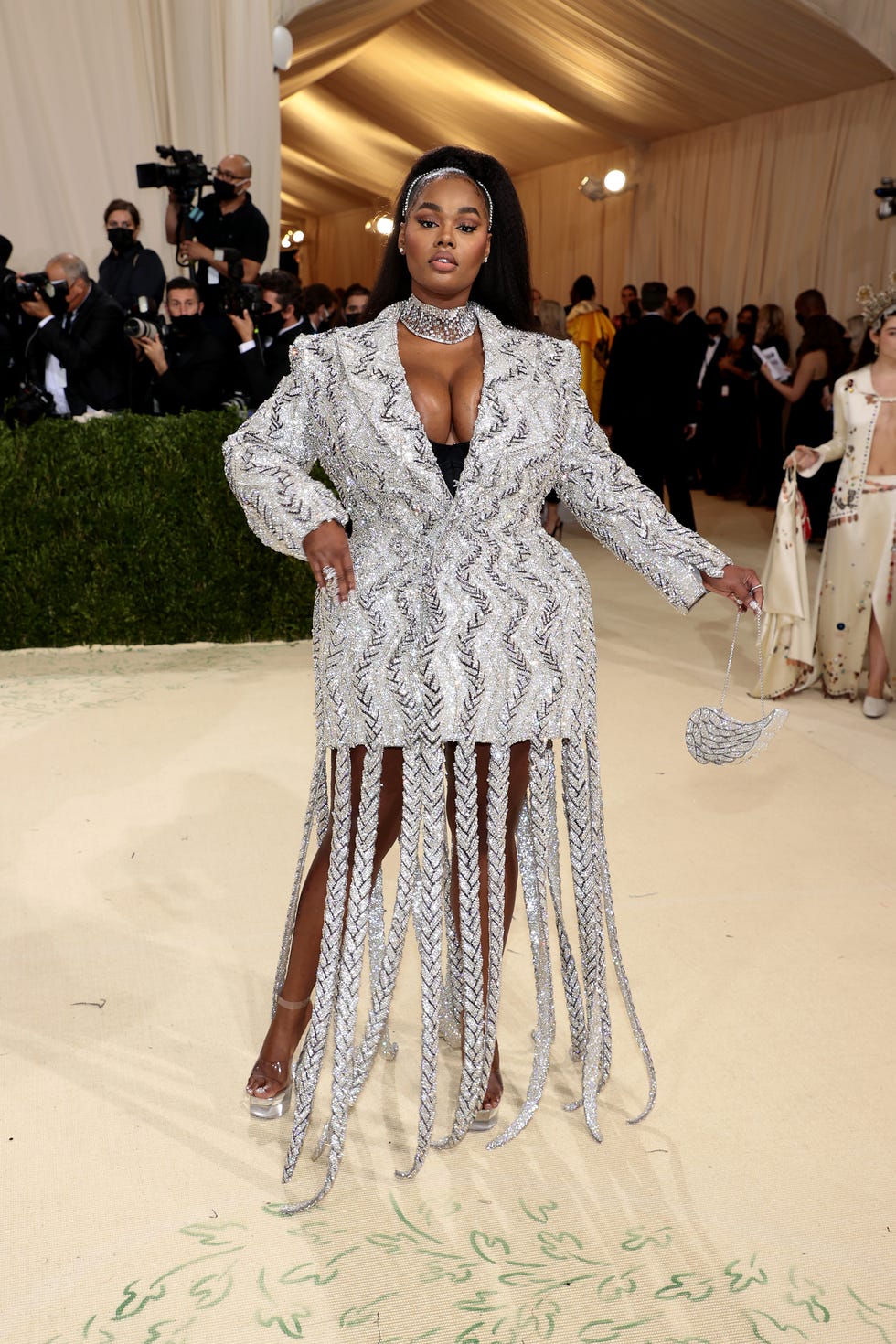 SWAROVSKI - Precious Lee takes on the Met Gala in a blazer-style dress by  AREA, complete with clear and black #SwarovskiCrystals woven into braids  that extend into an exaggerated fringe silhouette. #Swarovski #