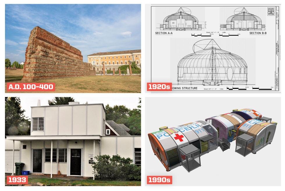 grid of dated photos showing prefab and modular architecture