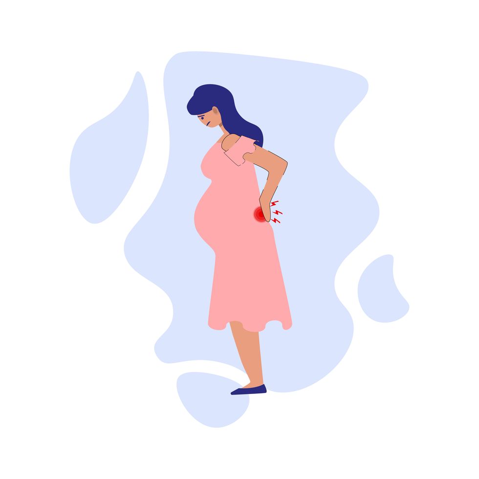 pregnancy symptoms and problems concept young pregnant women holding her back due to pain lower back pain flat illustration